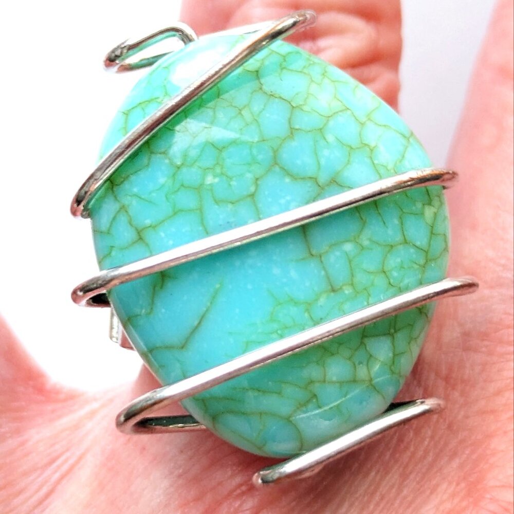 Chunky Southwestern Style Stretch Ring Blue Turquenite Size 7